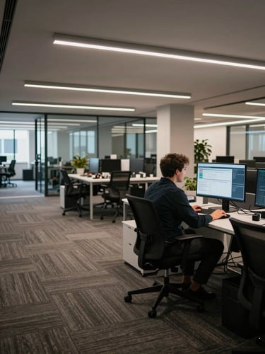 Wide environmental shot of an open-plan Manchester office interior, a single figure seated at a large monitor displaying analytics dashboards, cool LED overhead lighting casting sharp shadows, glass partition walls in the background, shot from a slight angle to the right with generous foreground space on the left
