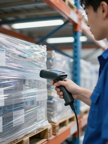 Portrait view of a professional operator using a handheld barcode scanner to verify a labeled pallet on a clean warehouse rack, sharp focus on the scanner screen, cool industrial lighting