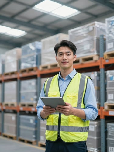 Professional logistics team coordinator in a high-visibility safety vest holding a tablet, standing in front of organized warehouse racks, bright lighting, confident industrial look