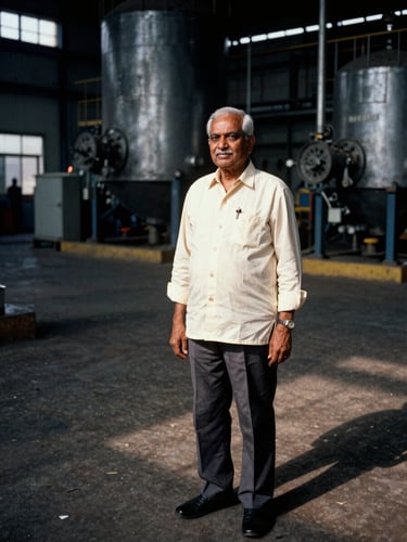 Environmental portrait of a senior Indian industrialist standing on a high-contrast factory floor, natural side lighting, deep rich tones, 35mm film grain.