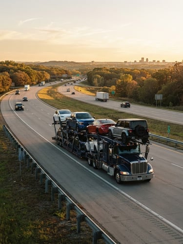 Wide panoramic shot of a modern multi-car transport carrier driving on I-94 near Woodbury, Minnesota at golden hour, low sun, crisp clean tones, professional commercial photography, 35mm