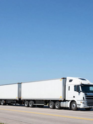 Modern multi-car transport carrier driving on I-494 in Minnesota, clear blue sky, professional commercial photography, bright daylight, crisp clean tones, wide-angle environmental transport shots, 35mm