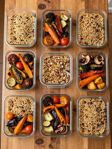 Top-down overhead shot of organized glass meal prep containers filled with roasted seasonal vegetables and grains on a rustic wooden table, warm kitchen daylight
