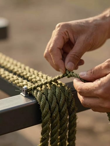 Vertical portrait close-up of skilled artisan hands weaving thick olive-green nautical rope onto a sleek dark aluminum frame, warm soft golden hour light, shallow depth of field, high-end craftsmanship detail