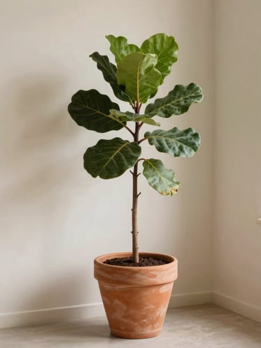 Warm editorial photography of a minimalist interior corner with a large Ficus Lyrata in a handmade terracotta pot, soft coastal daylight, 35mm