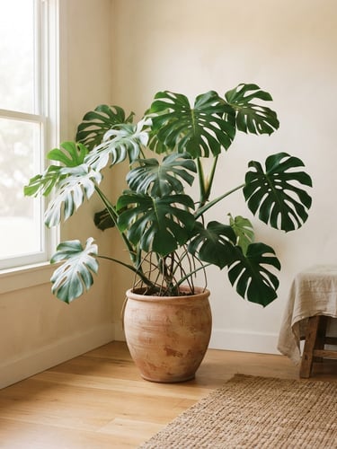 A tall Monstera Deliciosa in a terracotta designer pot, styled in a minimalist sunlit room corner, warm editorial photography, soft coastal daylight, 35mm