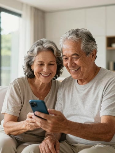 Warm editorial photography, bright natural daylight. A smiling Brazilian retired couple in a modern sunlit living room looking at a smartphone screen, showcasing real relief and confidence. Shallow depth of field.