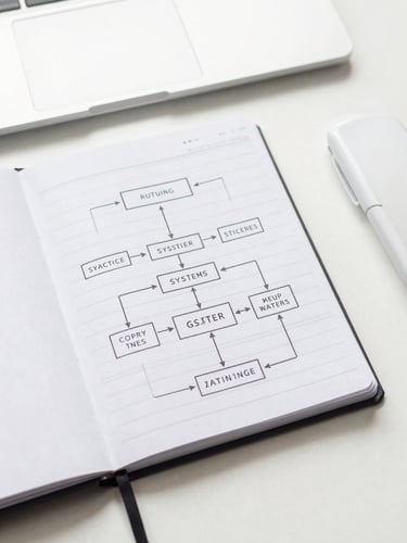 Overhead desk layout with a structured systems diagram notebook, sharp focus, high-key daylight, minimalist white and gray tones