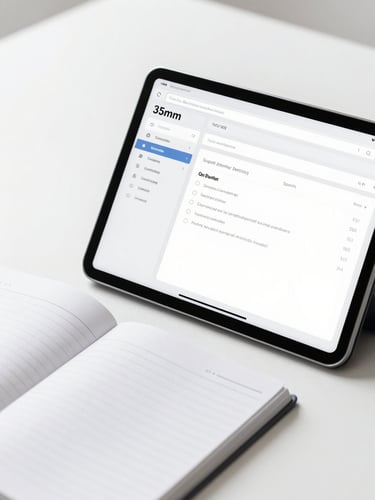 Bright high-key corporate daylight showing a clean software dashboard on a tablet next to a structured notebook, 35mm