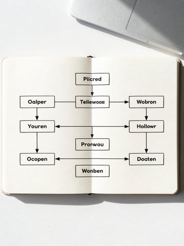 Overhead desk layout with a structured workflow diagram on a minimalist notebook, clean corporate daylight, soft shadows, sharp focus