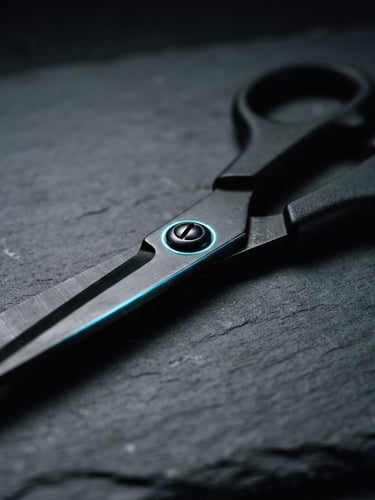 Close-up of matte black steel shears resting on a dark charcoal slate surface, sharp neon blue accent lines reflecting off the blade, high-contrast cool studio lighting, 35mm photography