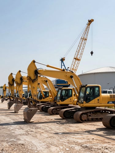 Wide three-quarter view from ground level of a heavy equipment yard — excavators and cranes parked in rows under harsh midday daylight, steel tracks and booms filling the frame, industrial storage facility visible in background right, open sky upper left, no workers, no softness
