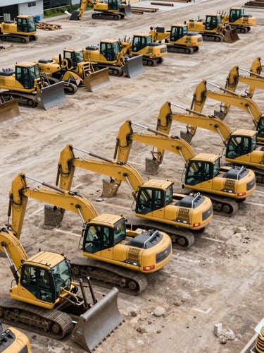 Wide panoramic overhead shot of a heavy equipment storage yard, rows of excavators and bulldozers arranged in the foreground extending to the right edge, shot from elevated angle in flat natural daylight, no workers, no signage, scale and stock depth as the subject