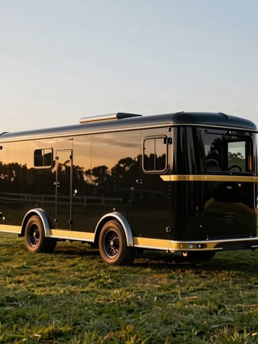Dramatic automotive photography of a premium black double horse trailer with gold accents parked on a lush green Kyalami equestrian estate, warm golden hour side-lighting highlighting the metallic finish.