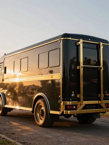 Dramatic automotive photography of a custom-built luxury horse truck parked at a Kyalami equestrian estate, golden-hour side light highlighting metallic gold details and robust ramp hinges