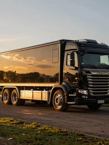 Dramatic side-lit profile of a luxury custom horse truck parked on a pristine Kyalami equestrian estate during golden hour, metallic gold accents catching the light.