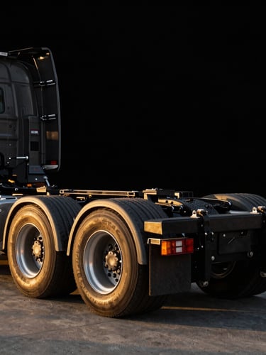Heavy-duty triple-axle truck chassis with a hydraulic ramp lowered, showcasing reinforced steel hinges and non-slip rubber flooring, dramatic side-lighting.