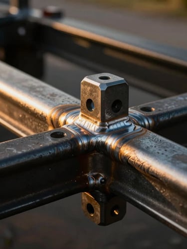 Macro detail shot of a heavy-duty steel trailer chassis weld, golden hour side-lighting highlighting the precise craftsmanship and structural strength.