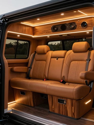 Bespoke interior of a luxury horse truck living cabin, premium leather seating in warm tan, polished wood finishes, and warm ambient LED lighting, commercial lens.