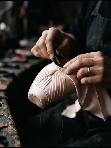Macro editorial photograph of pink satin pointe shoes being hand-pleated under soft dramatic studio lighting, rich textures of high-grade silk and leather, 85mm lens