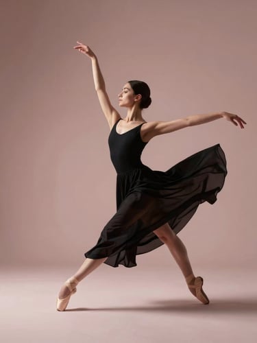 Elegant wide studio shot of a ballet dancer in a black custom leotard in motion, focusing on the pristine drape and fit, soft side-lighting, 85mm lens
