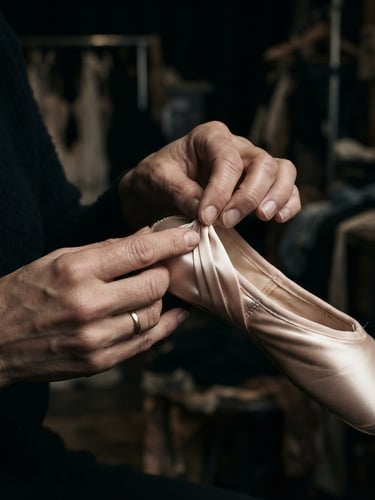 Macro editorial photograph of an artisan's hands meticulously folding export-grade satin pleats around a pointe shoe shank, soft dramatic backstage studio lighting, muted blush tones, 85mm lens