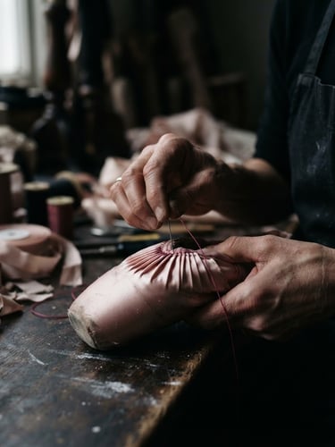 Macro detail shot of a craftsman hand-stitching the pink satin pleats of a pointe shoe, soft backstage studio lighting, elegant editorial style, 85mm lens
