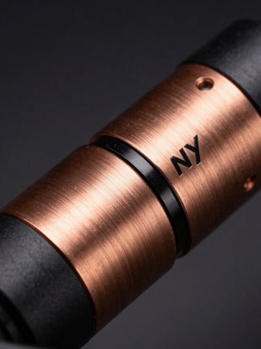 Close-up macro de um detalhe do motor brushless de uma scooter Nyra, com acabamento em cobre escovado, sob luz de estúdio dramática, destacando a precisão da engenharia e a ausência de fios expostos.