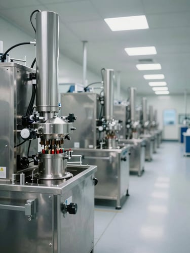 Wide environmental shot of a GMP production floor interior, precision capsule-filling machinery in the left foreground, organized stainless steel equipment receding into depth, bright overhead clinical lighting, no people