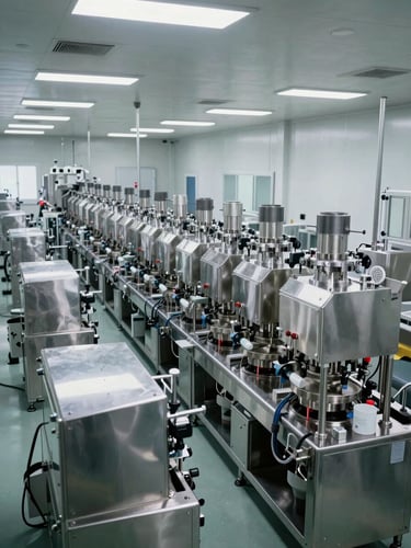 Wide panoramic view of a GMP pharmaceutical manufacturing floor, rows of industrial capsule-filling machinery under bright overhead clinical lighting, stainless steel surfaces, clean-room walls in the background, no personnel visible, shot from a high vantage point to show production scale