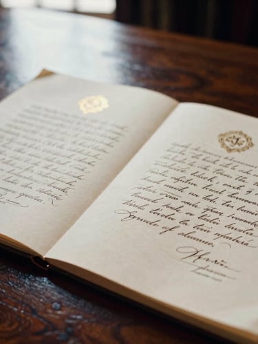 Close-up of a heavy, historic diplomatic treaty document with elegant calligraphy, resting on a dark wood table under soft warm side-lighting, editorial film photography style