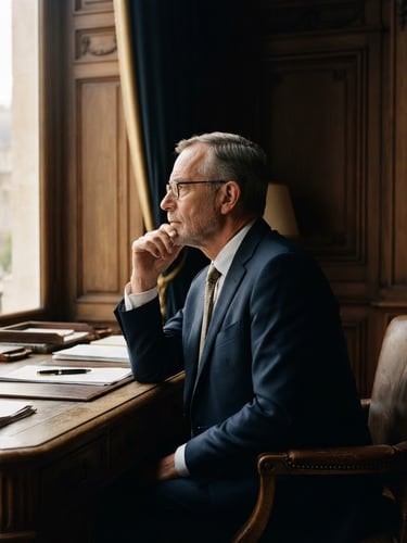 Side-profile medium shot of a diplomat in deep thought, soft warm window light casting long shadows across a dark wood-paneled room, editorial film photography style, 35mm lens.