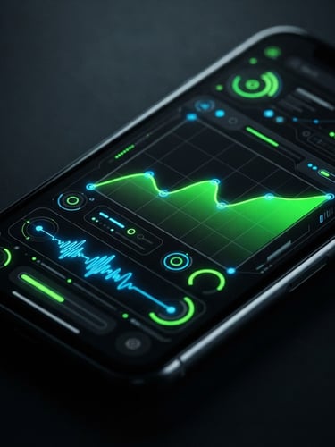Extreme close-up macro shot of a modern Android phone screen displaying a crisp, dark-mode app interface with neon green and electric blue accents, under moody studio lighting with edge highlights. Isometric device mockup, sharp angles.