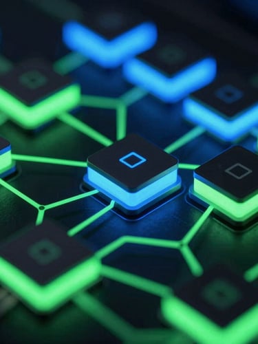 Extreme close-up macro shot of abstract 3D logic gates glowing with vibrant neon green and electric blue highlights, moody studio lighting, high-contrast, representing optimized code structure on a dark background.
