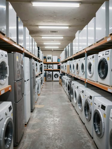 Wide shot of an organized Iraqi electrical appliances warehouse, rows of refrigerators and washing machines on metal shelving under bright even fluorescent light, product labels and model numbers clearly visible, straight-on documentation framing, no people