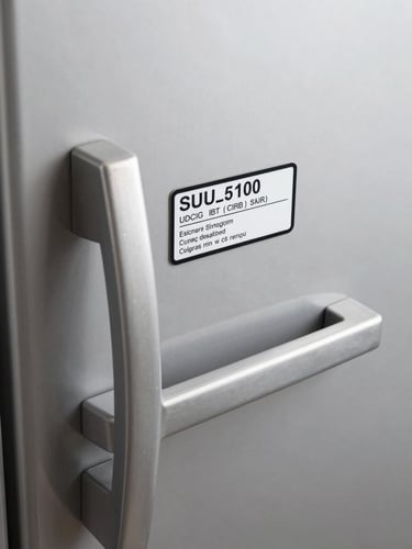 Close overhead shot of a stainless-steel refrigerator door handle and model specification label under bright even studio lighting, neutral gray background, sharp focus on the serial number plate and build quality