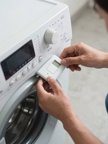 Close-up overhead shot of electrical appliance inspection on a warehouse floor, hands examining a washing machine control panel under bright even daylight, model number plate clearly visible, neutral gray concrete background, no shadows