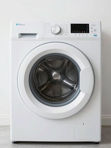 Front-loading washing machine photographed straight-on against a white background, bright even lighting, control dial and model label clearly visible