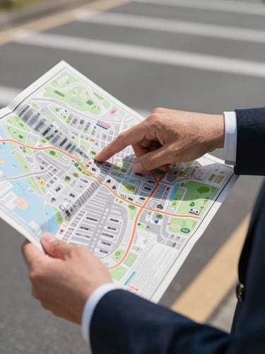 A close-up of a professional Japanese agent's hands holding a localized physical map and pointing at a specific parking lot location, bright daylight, clear focus
