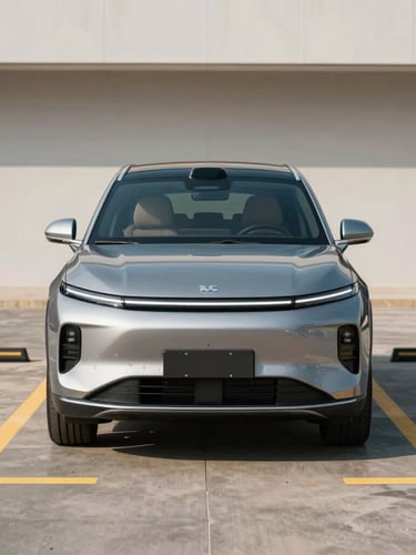 Straight-on eye-level shot of a modern high-roof SUV parked perfectly inside a clean urban parking space with clear yellow lane markings, bright daylight