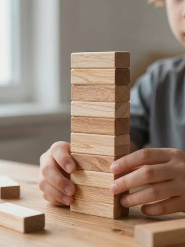 Close-up portrait of a child's hands carefully stacking smooth, natural beechwood blocks on a low oak table, soft side-lit window daylight, warm Scandinavian-editorial style.
