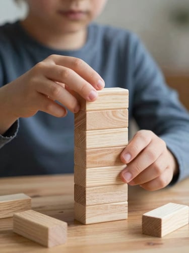 A portrait image of a child's hands carefully stacking natural beechwood blocks on a low oak table, soft morning side-light.