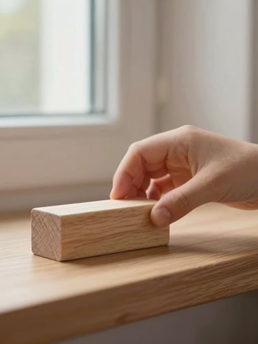 Close-up of a child's hands carefully placing a smooth wooden block onto a low oak shelf, soft side-lit window daylight, warm Scandinavian interior