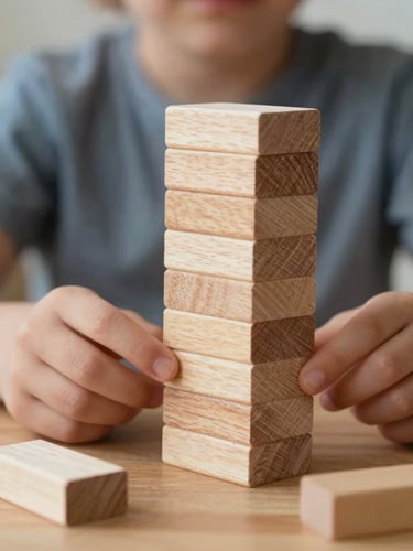 Close-up macro shot of a child's hands stacking solid beechwood blocks on a low wooden table, soft natural side-light, shallow depth of field.