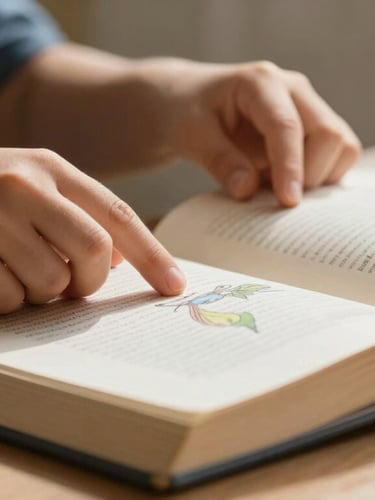 A child's hands turning the heavy paper page of an illustrated book in a sunlit reading corner, soft side-lighting.