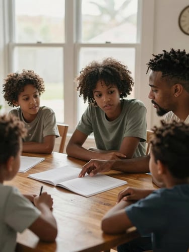 Medium-wide environmental shot of a young Black family of four gathered around a dining table under warm natural window light — parents and two children, an open document on the table, one parent's hand resting on a page as they talk, relaxed and candid, genuine home setting with soft afternoon light