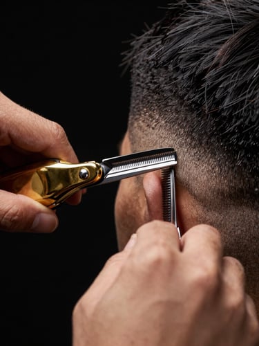 Tight macro shot of a master barber's hands using gold clippers to carve a razor-sharp fade, low-key dramatic studio lighting, deep black background, 85mm lens.