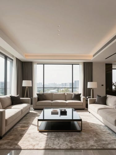 Symmetrical wide-angle architectural shot of a modern luxury apartment living room, pristine beige and charcoal furniture, sharp daylight from expansive windows, crisp lines, negative space.