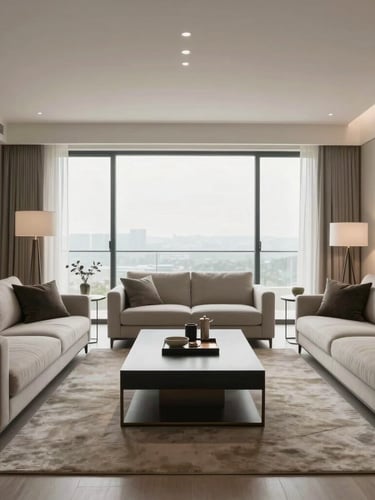 Symmetrical straight-on shot of a meticulously staged luxury apartment living room, minimalist modern furniture, neutral tones, bright diffused daylight through large windows
