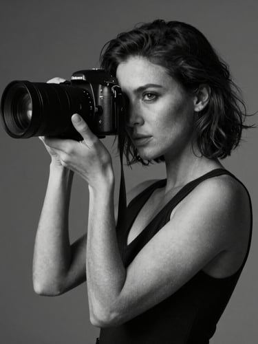 Dramatic black and white studio portrait of a female photographer, sharp natural side lighting, deep shadows, elegant and professional posture.